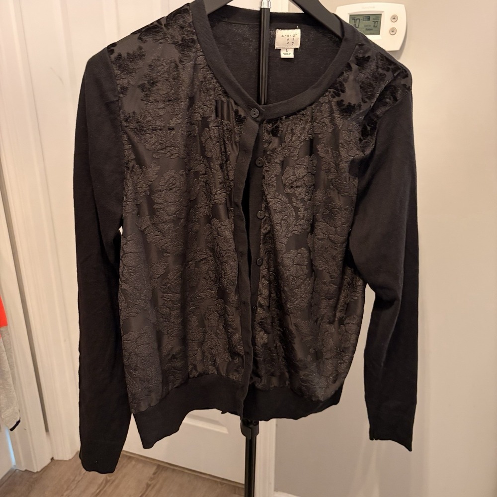 A New Day Whimsigoth Black Velvet Burnout Floral Cardigan Sweater L Fairy Grunge